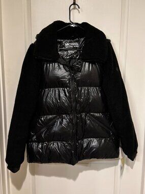 Michael Kors Sherpa-Sleeve Hooded Quilted Mixed Media Jacket - Size L
